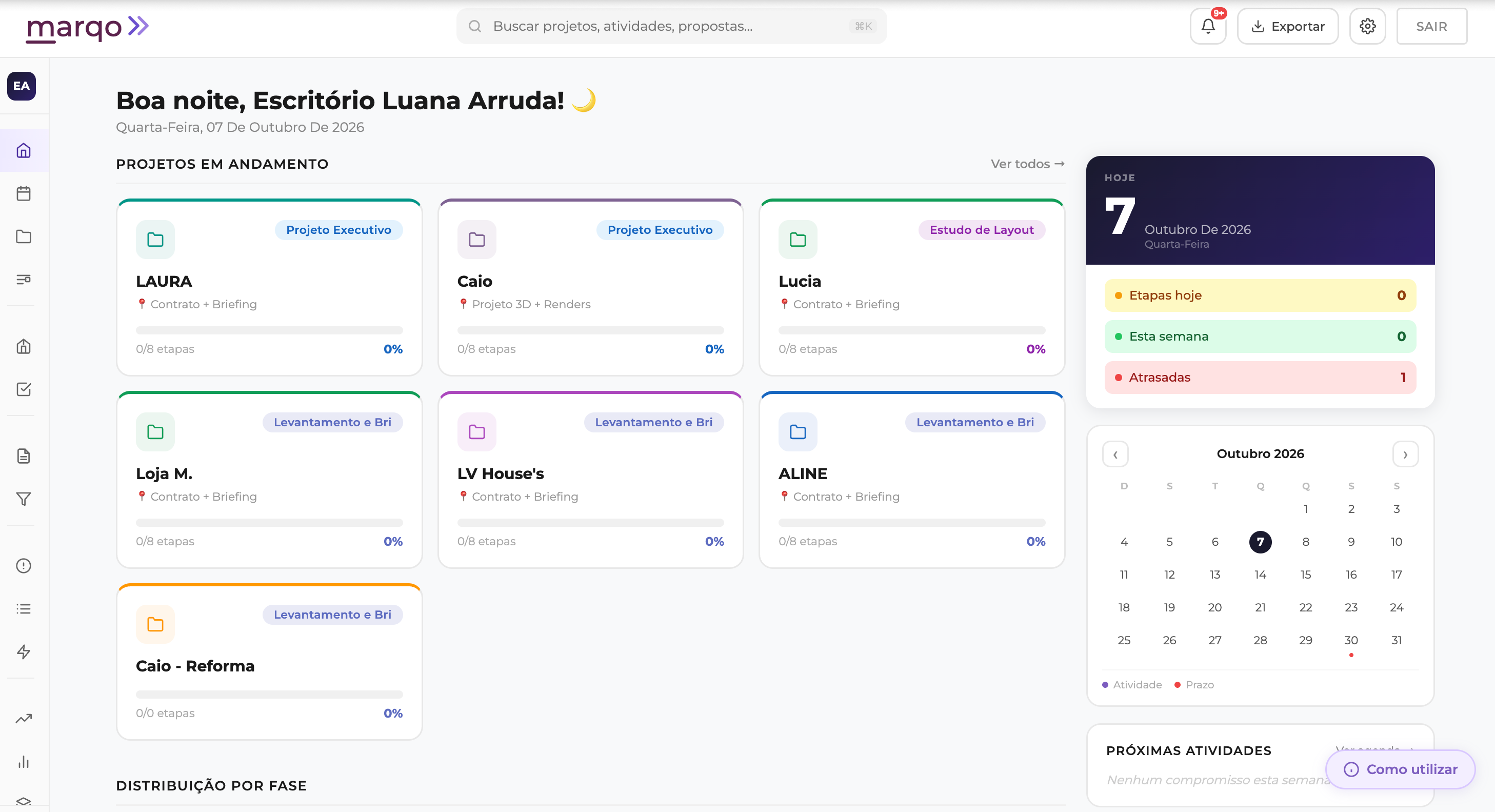 Dashboard MARQO: visão geral dos projetos, agenda e financeiro
